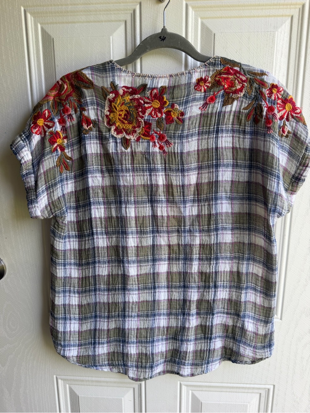 Johnny Was Workshop Embroidered Plaid Gauze Boho Bird Top Medium Floral - Picture 9 of 12